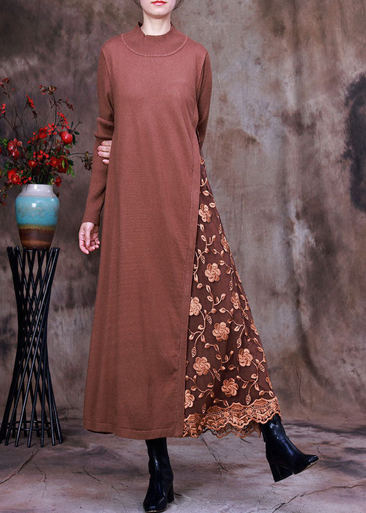 DIY Schokoladenstrick-Patchwork-Spitzen-besticktes Herbstkleid