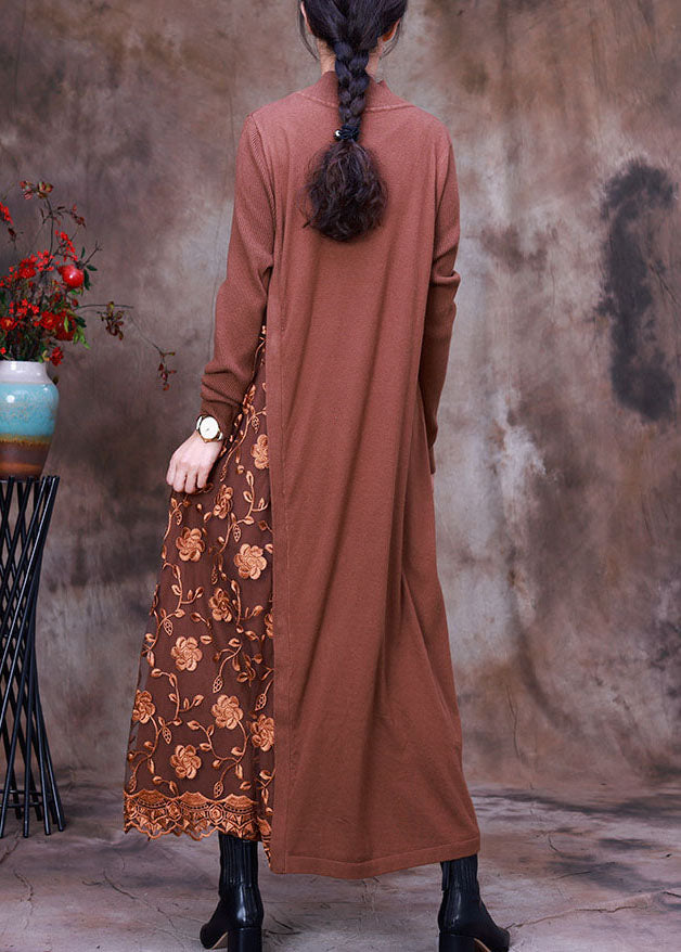 DIY Schokoladenstrick-Patchwork-Spitzen-besticktes Herbstkleid