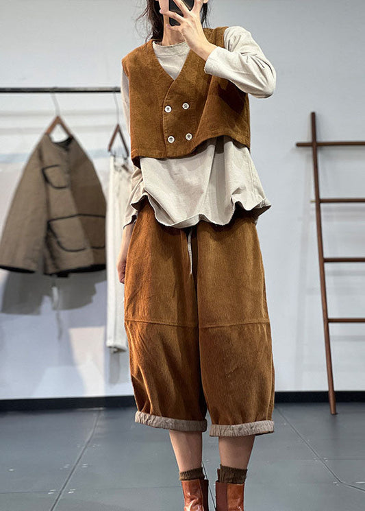 DIY Schokolade V-Ausschnitt Patchwork Doppelbrust Cord Zweiteiler Outfits Herbst