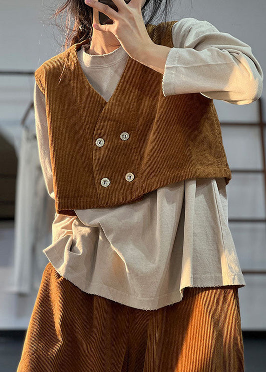 DIY Schokolade V-Ausschnitt Patchwork Doppelbrust Cord Zweiteiler Outfits Herbst