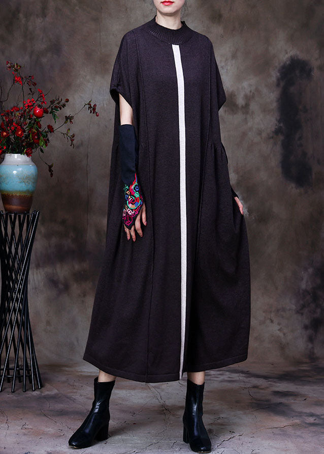 DIY Schokoladenbraune Wollstrick-Patchwork-Herbstkleider mit Fledermausflügelärmeln