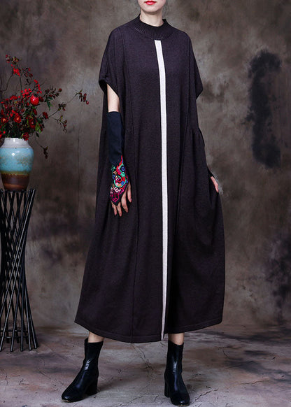 DIY Schokoladenbraune Wollstrick-Patchwork-Herbstkleider mit Fledermausflügelärmeln