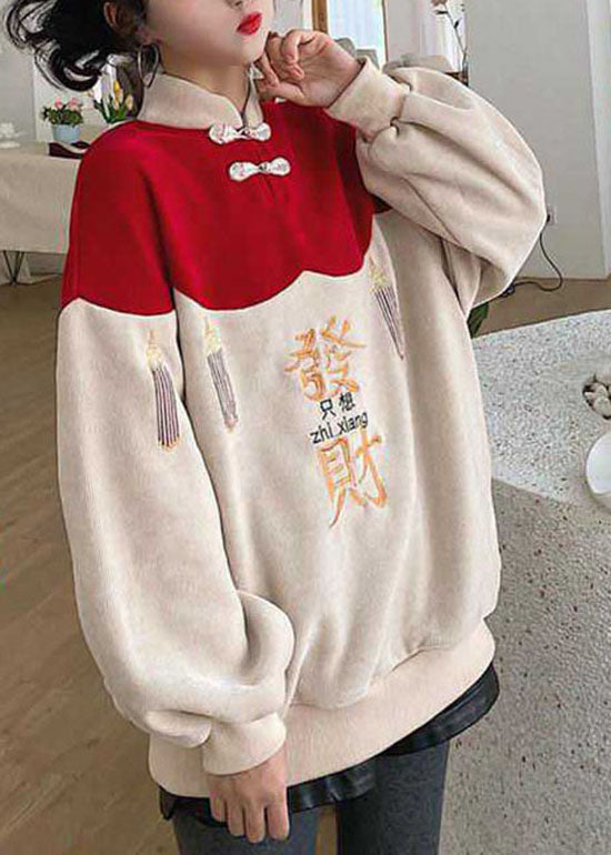 DIY Colorblock Embroideried Patchwork Warm Fleece Sweatshirts Top spring