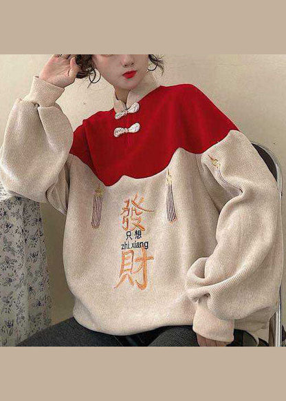 DIY Colorblock Embroideried Patchwork Warm Fleece Sweatshirts Top spring