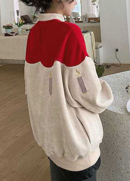 DIY Colorblock Embroideried Patchwork Warm Fleece Sweatshirts Top spring