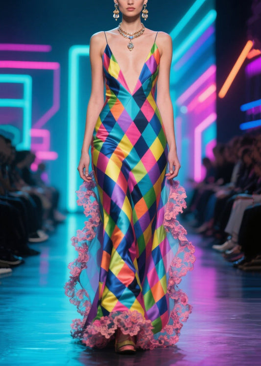 DIY Colorblock Plaid Patchwork Lace Silk Vestidos Dress Summer