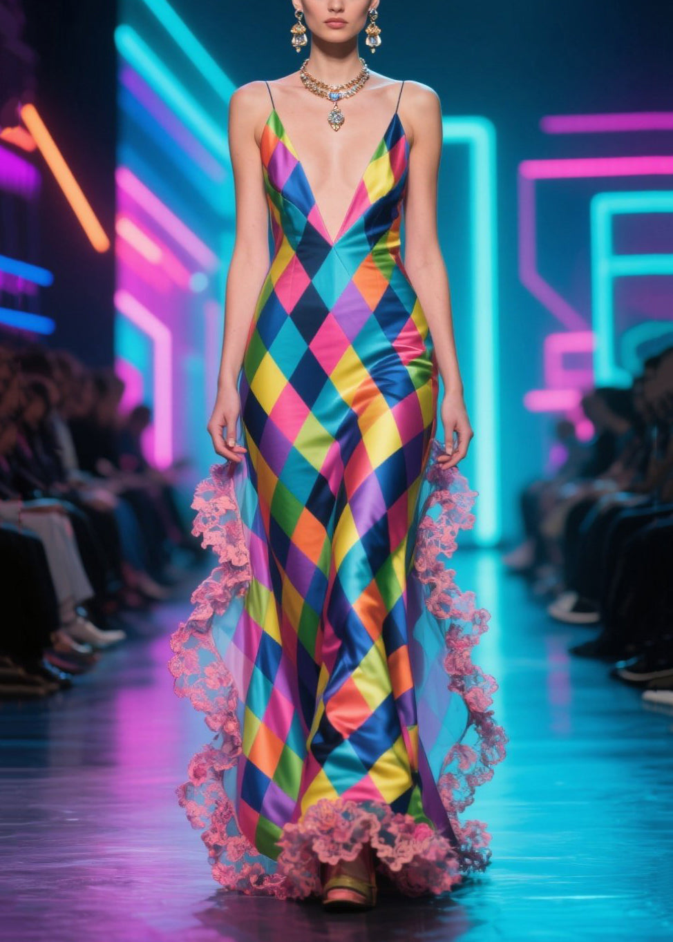 DIY Colorblock Plaid Patchwork Lace Silk Vestidos Dress Summer