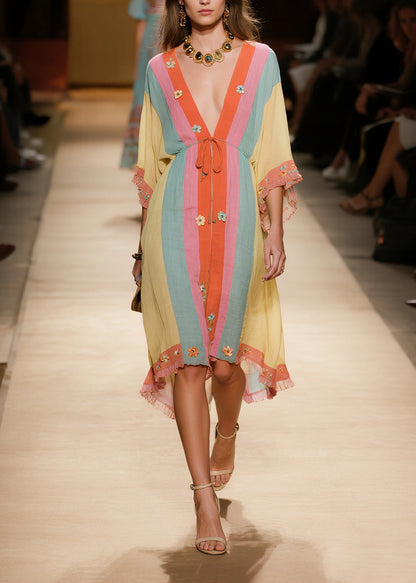 DIY Colorblock Ruffled Patchwork Flower Cotton Vacation Dresses Summer