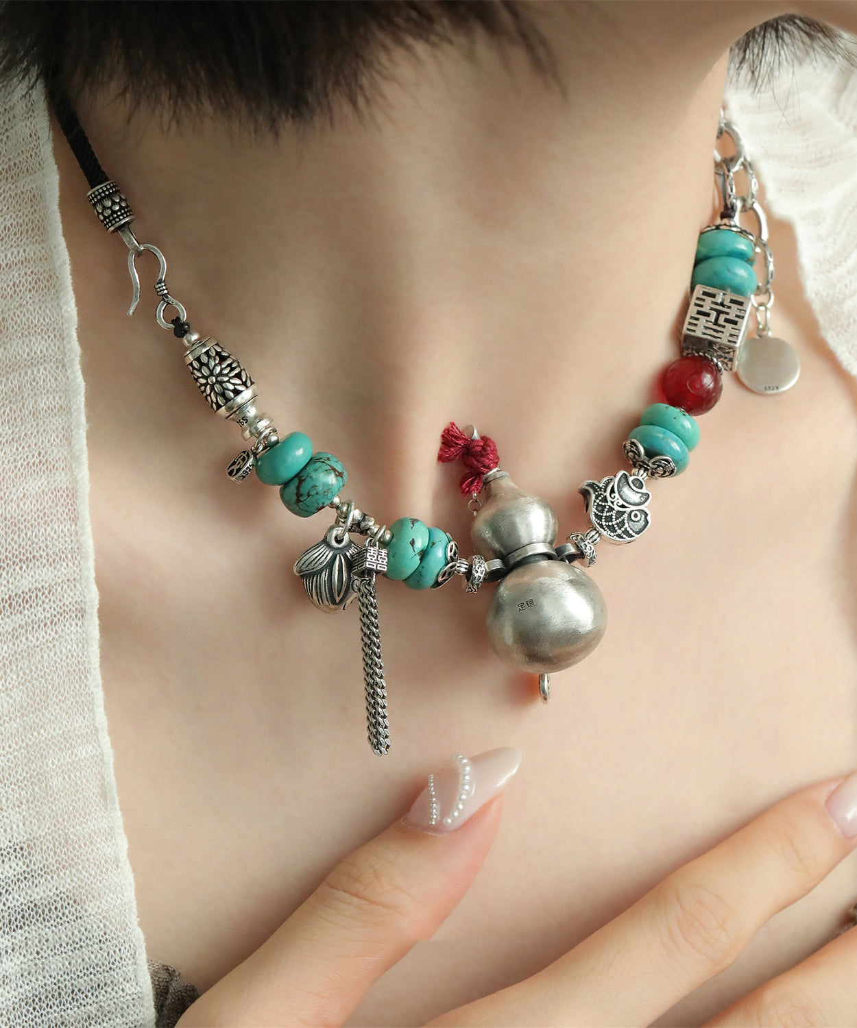 DIY Colorblock Sterling Silber Kalebassenachat Doppelglück Anhänger Halskette