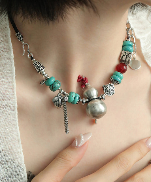 DIY Colorblock Sterling Silver Calabash Agate Double Happiness Pendant Necklace