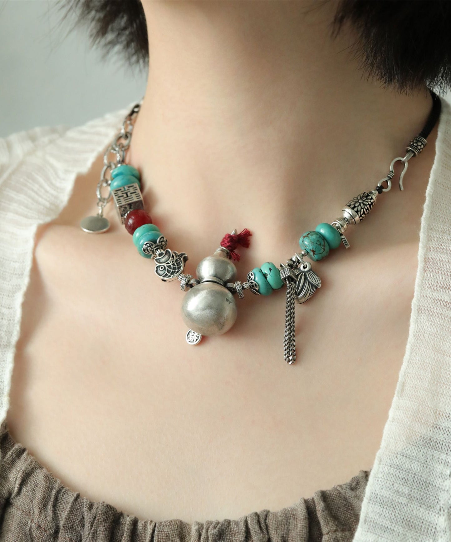 DIY Colorblock Sterling Silber Kalebassenachat Doppelglück Anhänger Halskette