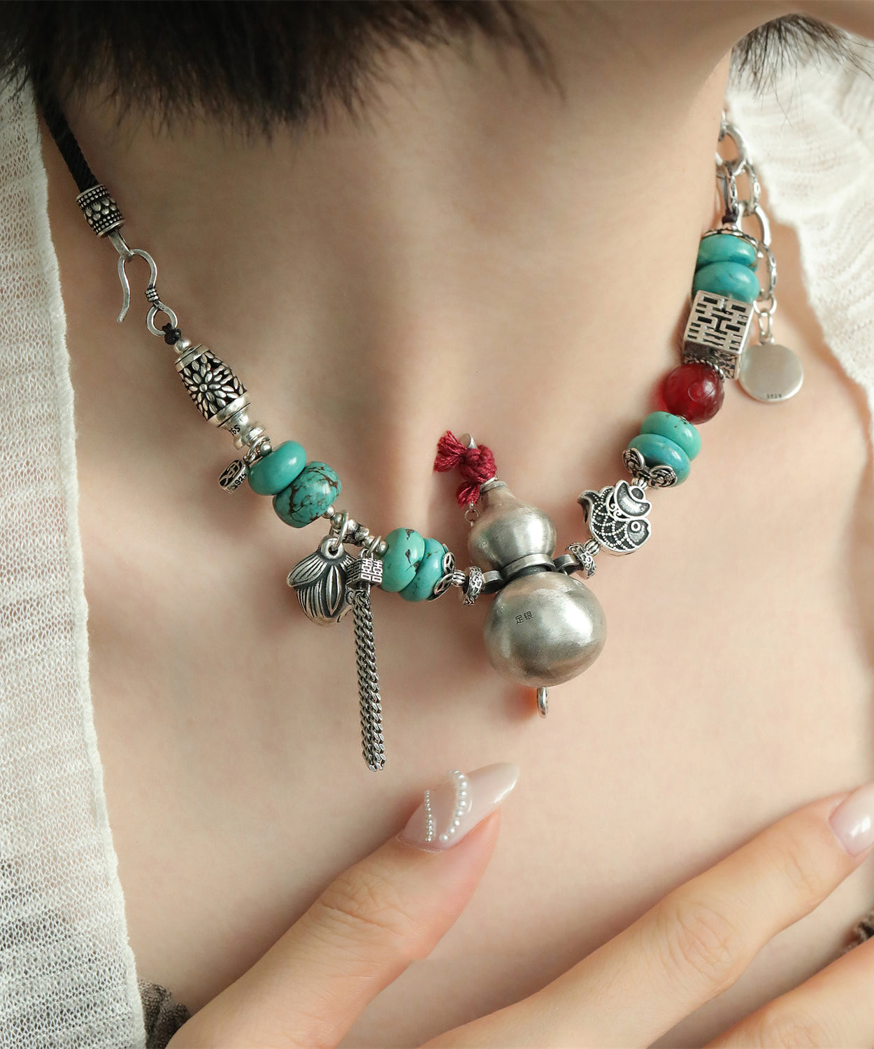 DIY Colorblock Sterling Silber Kalebassenachat Doppelglück Anhänger Halskette