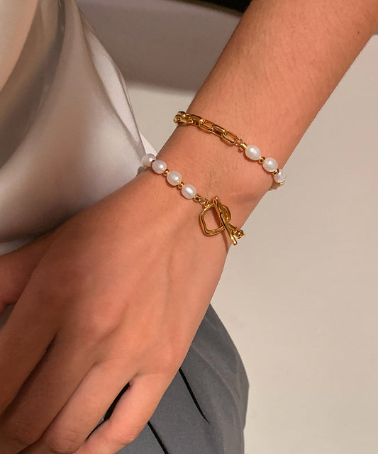 DIY Copper Overgild Pearl Patchwork Hollow Out Charm Bracelet