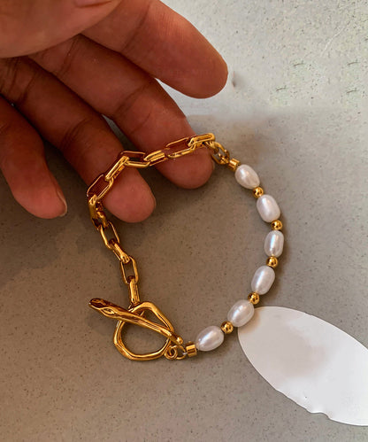 DIY Copper Overgild Pearl Patchwork Hollow Out Charm Bracelet