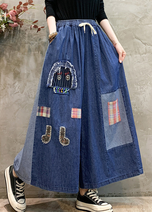 DIY Denim Blue Oversized Patchwork Wide Leg Pants Trousers Summer