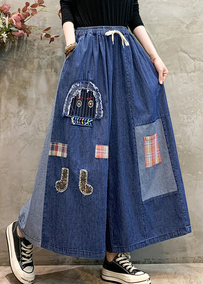 DIY Denim Blue Oversized Patchwork Wide Leg Pants Trousers Summer