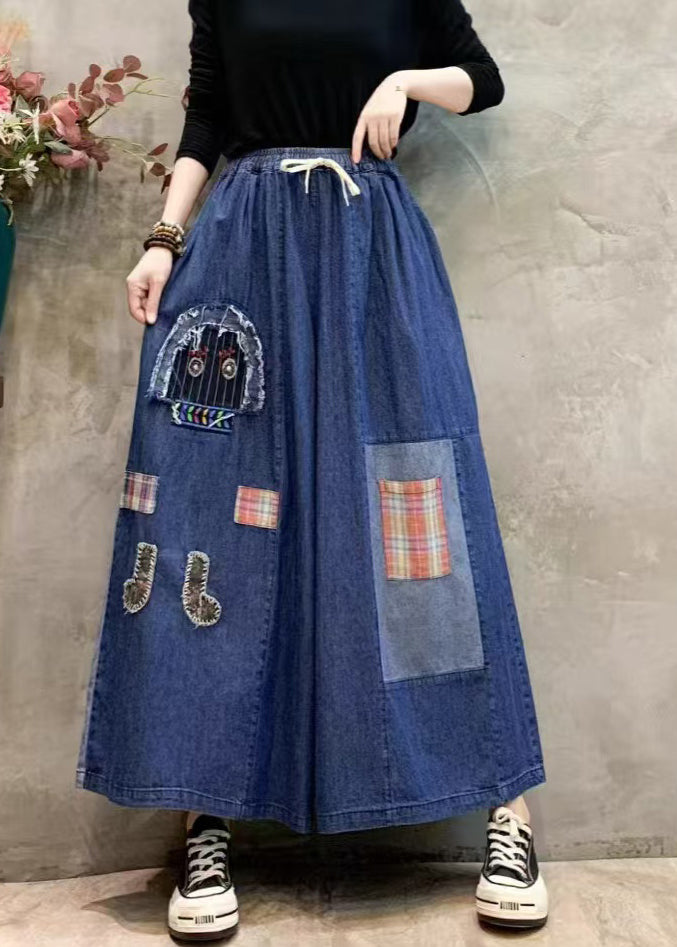 DIY Denim Blue Oversized Patchwork Wide Leg Pants Trousers Summer