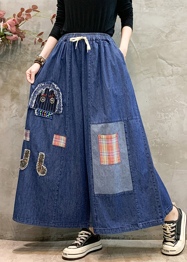 DIY Denim Blue Oversized Patchwork Wide Leg Pants Trousers Summer