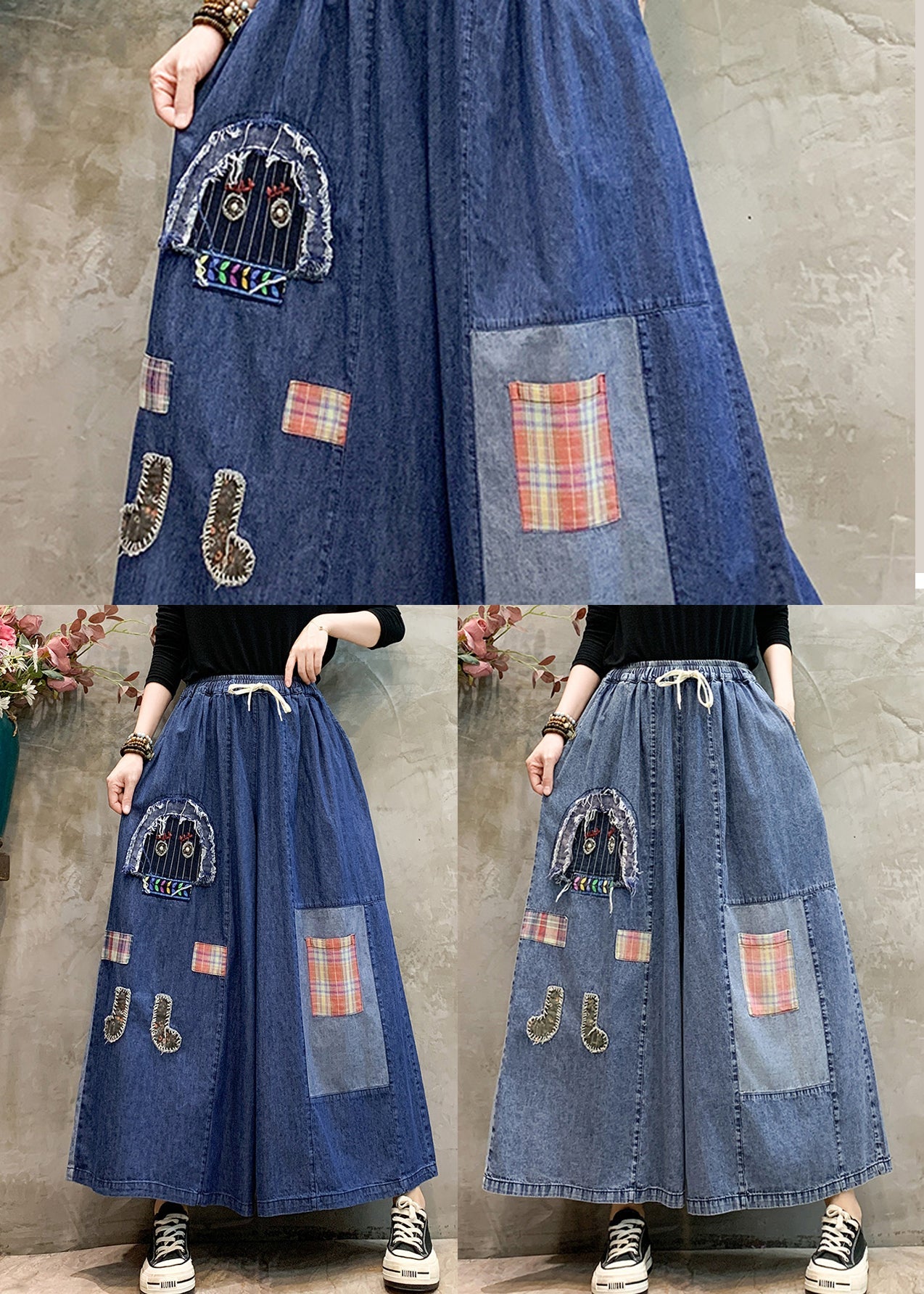 DIY Denim Blue Oversized Patchwork Wide Leg Pants Trousers Summer