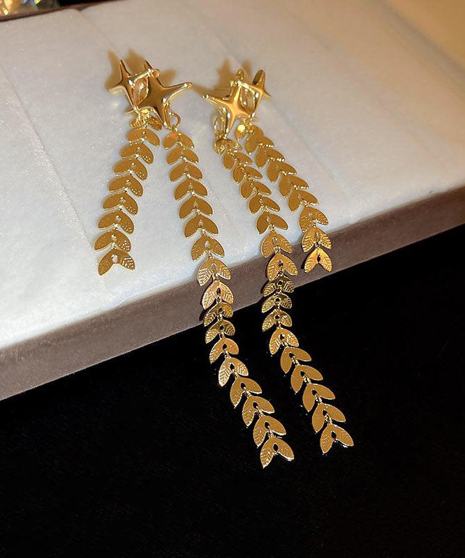 Pendientes colgantes con borlas de espigas de trigo de cuatro puntas de cobre dorado hechos a mano