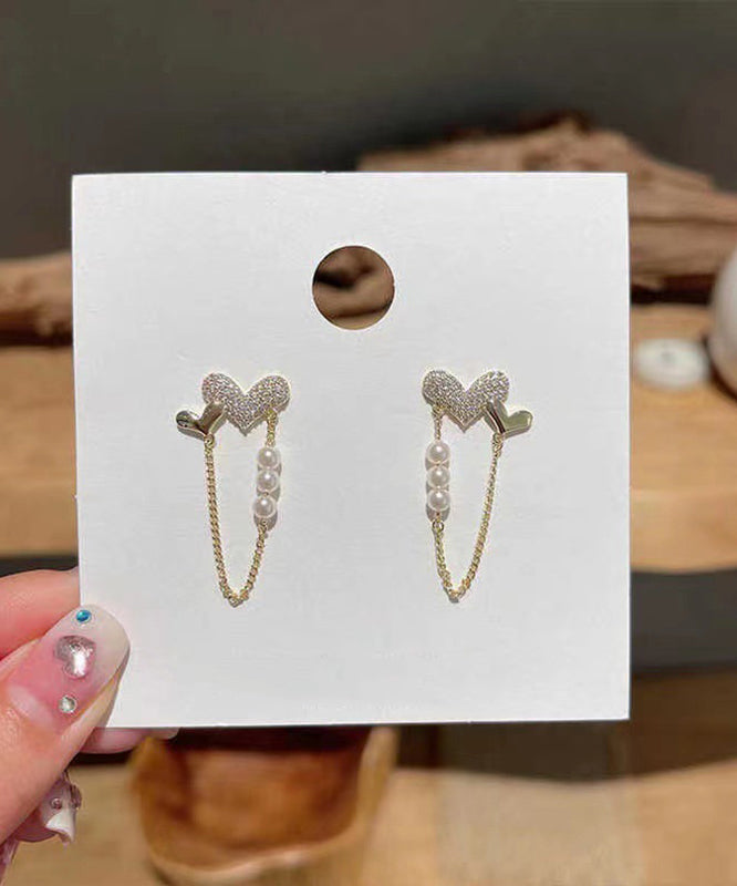 Pendientes de aro con borlas de amor, perlas y circonitas doradas y cobre dorado, hechos a mano