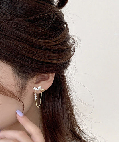 Pendientes de aro con borlas de amor, perlas y circonitas doradas y cobre dorado, hechos a mano