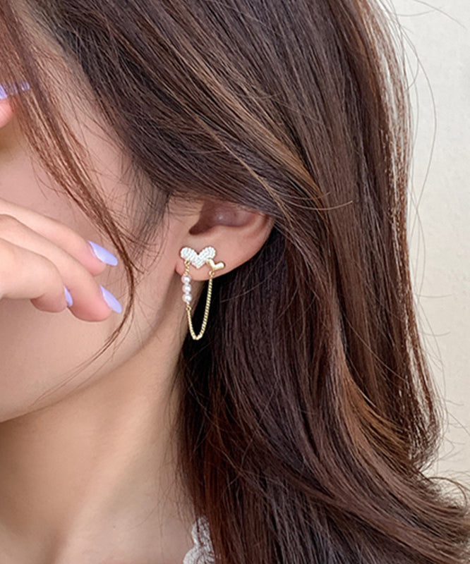 Pendientes de aro con borlas de amor, perlas y circonitas doradas y cobre dorado, hechos a mano