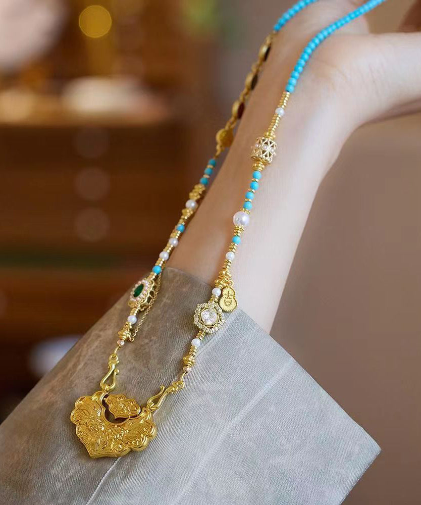 Collar con colgante de piedra preciosa incrustada con perla turquesa y oro de plata esterlina DIY