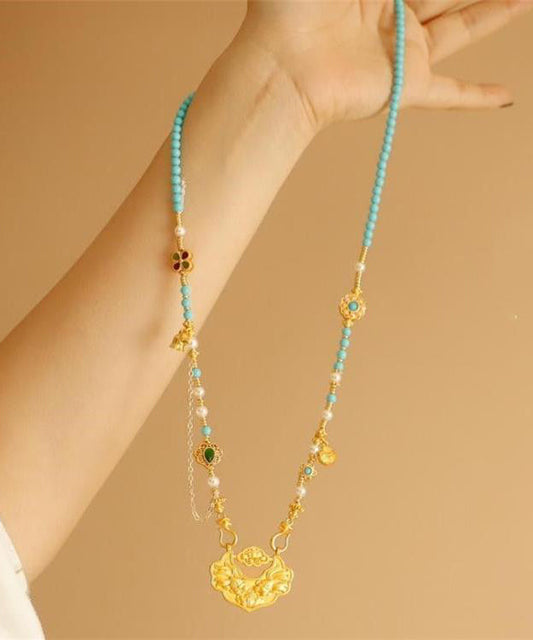 Collar con colgante de piedra preciosa incrustada con perla turquesa y oro de plata esterlina DIY