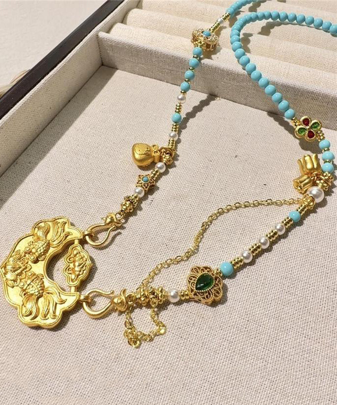 Collar con colgante de piedra preciosa incrustada con perla turquesa y oro de plata esterlina DIY