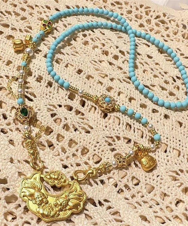 Collar con colgante de piedra preciosa incrustada con perla turquesa y oro de plata esterlina DIY