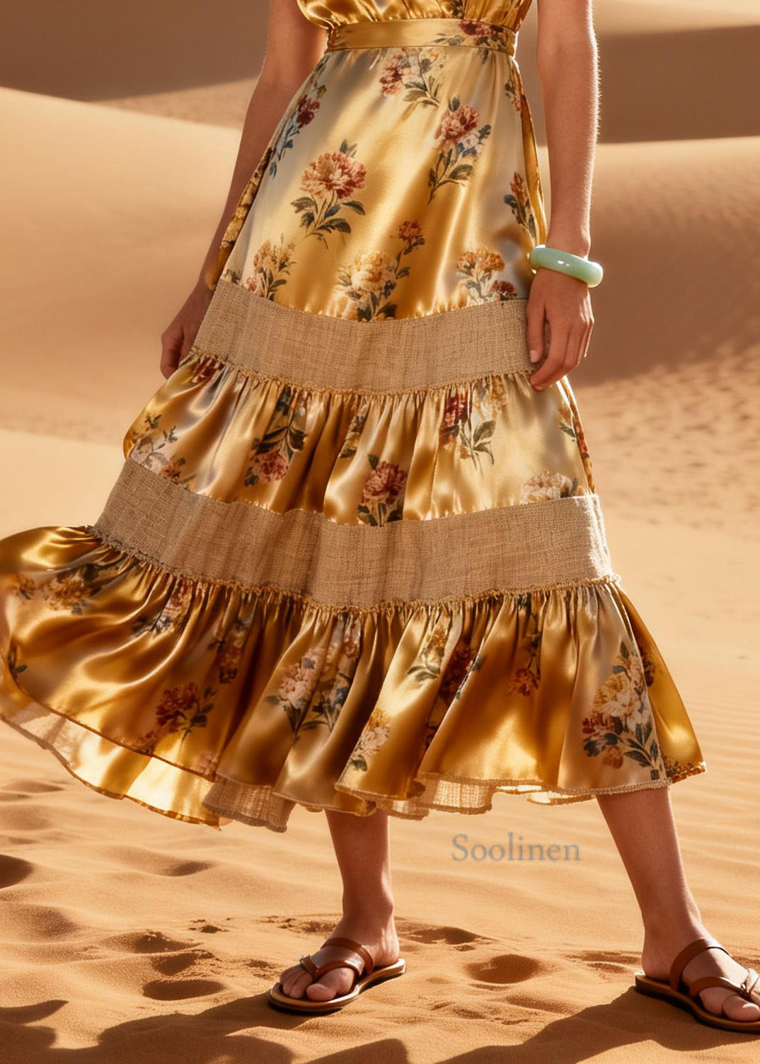 DIY Golden Print Patchwork Silk Long Dress Summer