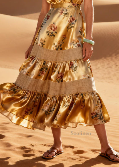 DIY Golden Print Patchwork Silk Long Dress Summer