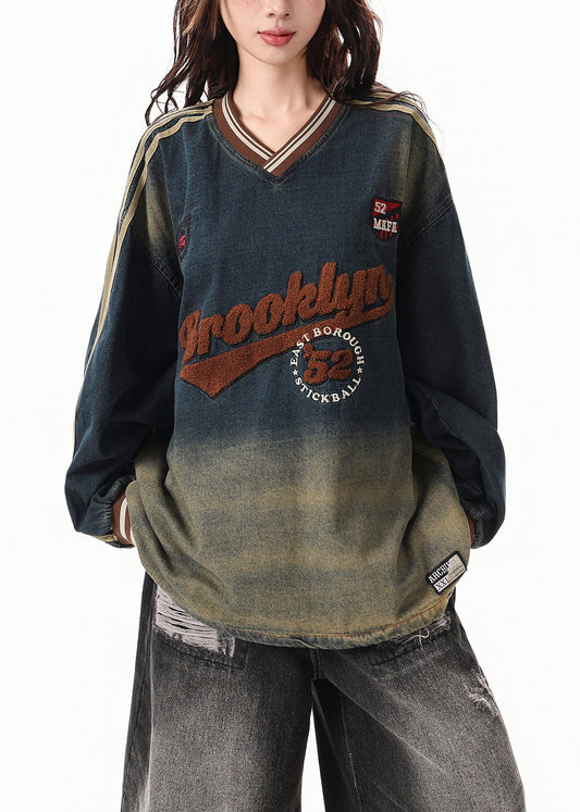 DIY Gradient Navy Oversized Embroidered Denim Sweatshirts Top Spring