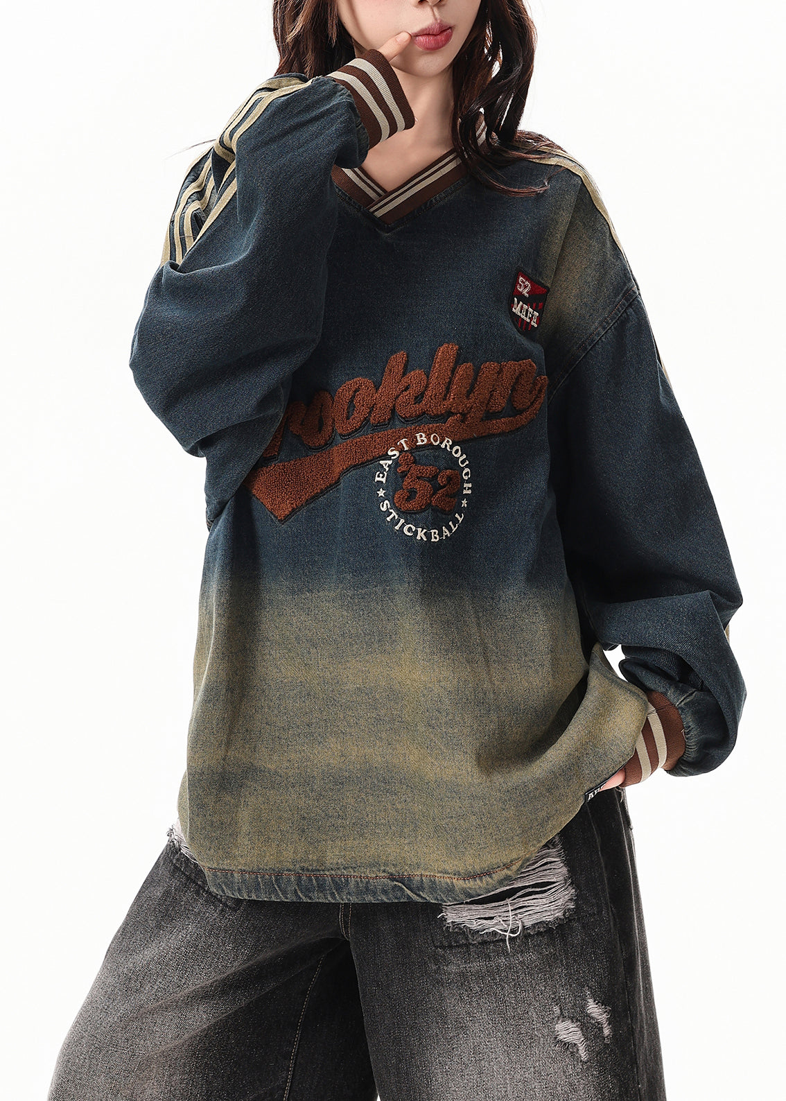 DIY Gradient Navy Oversized Embroidered Denim Sweatshirts Top Spring