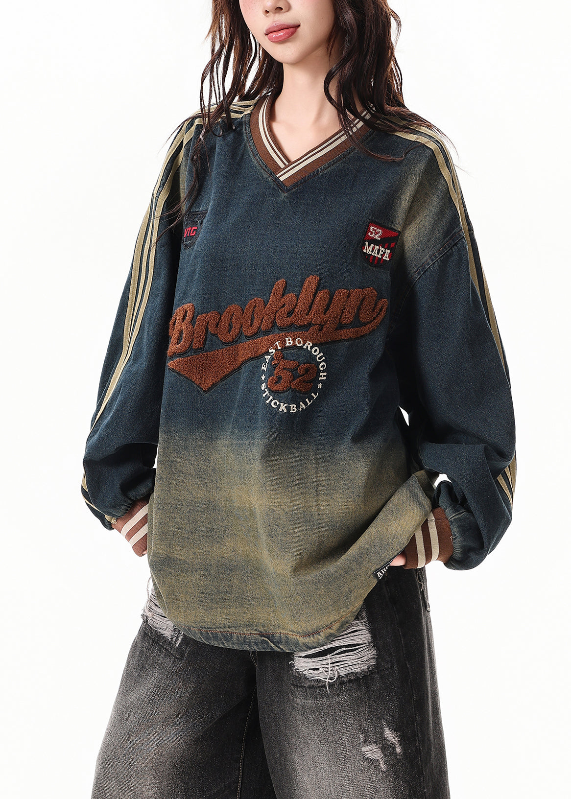 DIY Gradient Navy Oversized Embroidered Denim Sweatshirts Top Spring