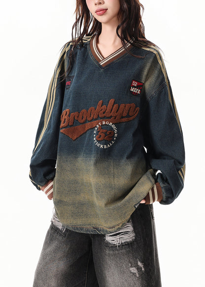 DIY Gradient Navy Oversized Embroidered Denim Sweatshirts Top Spring