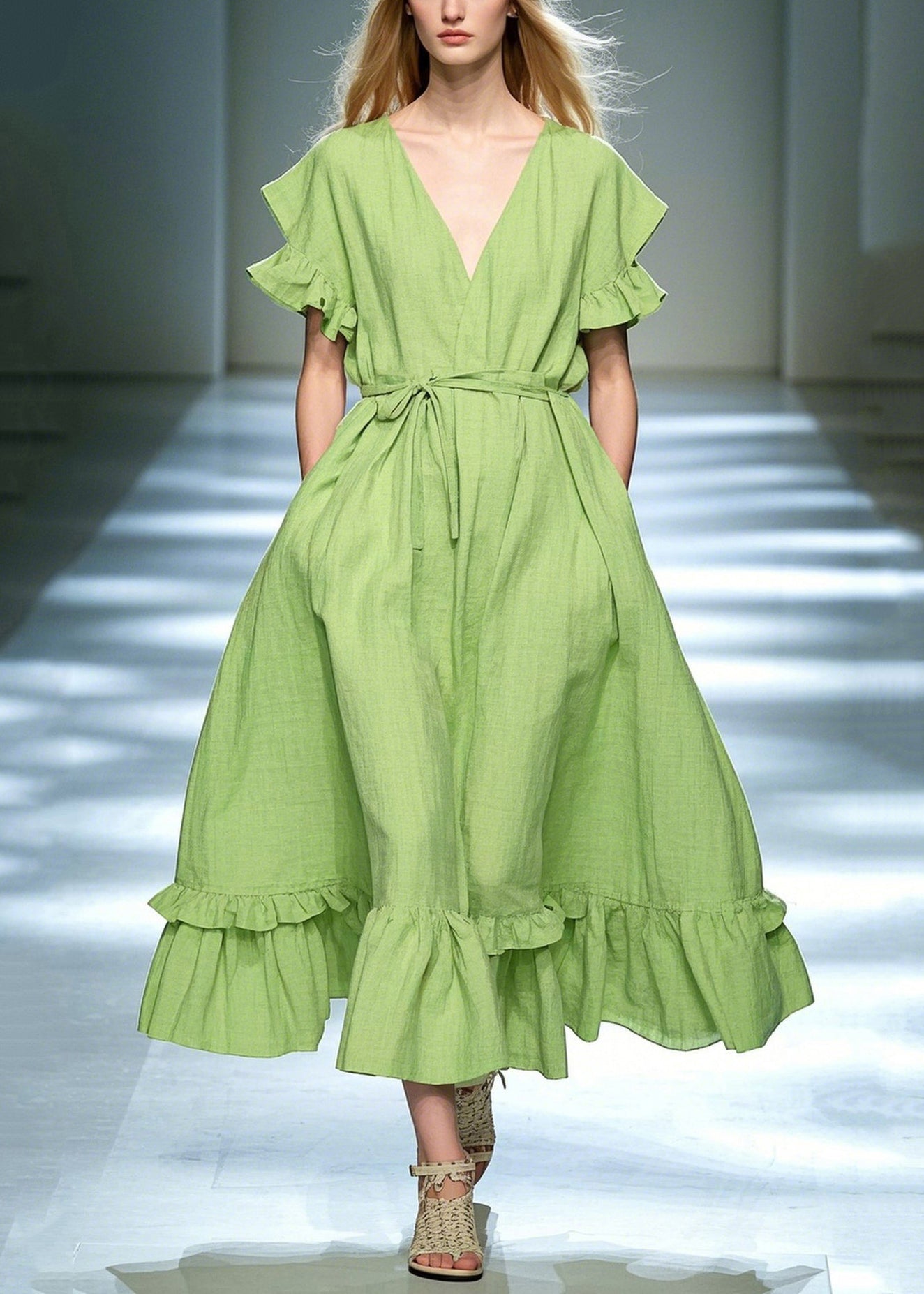 DIY Grass Green Ruffled Exra Large Hem Cotton Tunic Dress Summer