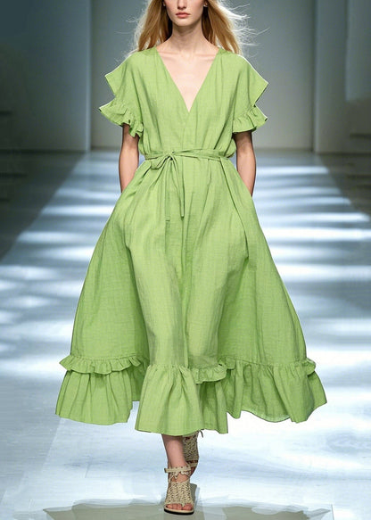 DIY Grass Green Ruffled Exra Large Hem Cotton Tunic Dress Summer