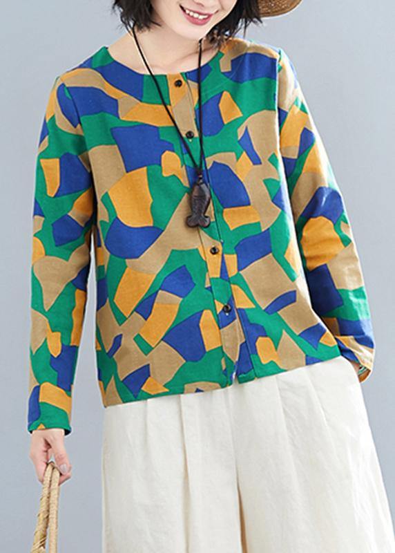 DIY Green Geometric Clothes For Women O Neck Button Down Plus Size Clothing Tops - SooLinen