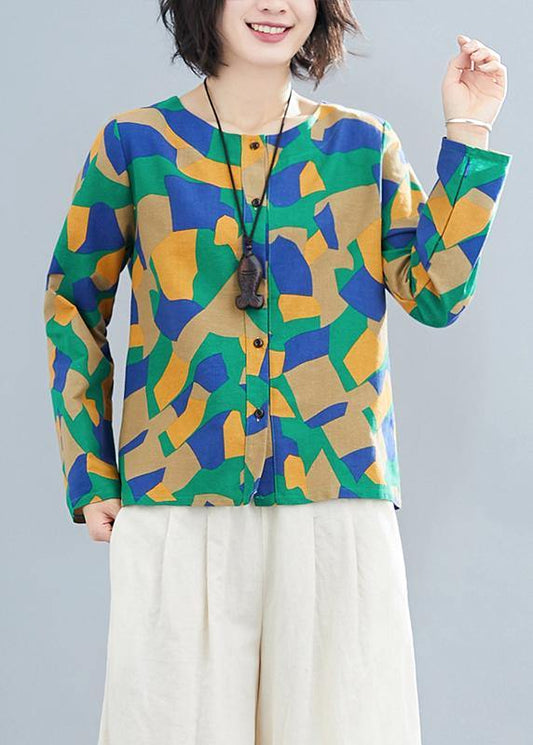 DIY Green Geometric Clothes For Women O Neck Button Down Plus Size Clothing Tops - SooLinen