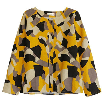 DIY Green Geometric Clothes For Women O Neck Button Down Plus Size Clothing Tops - SooLinen