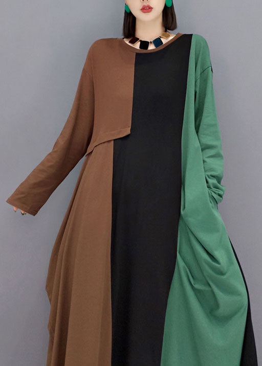 DIY Grün O-Ausschnitt Taschen Asymmetrische Patchwork Lange Kleider Frühling