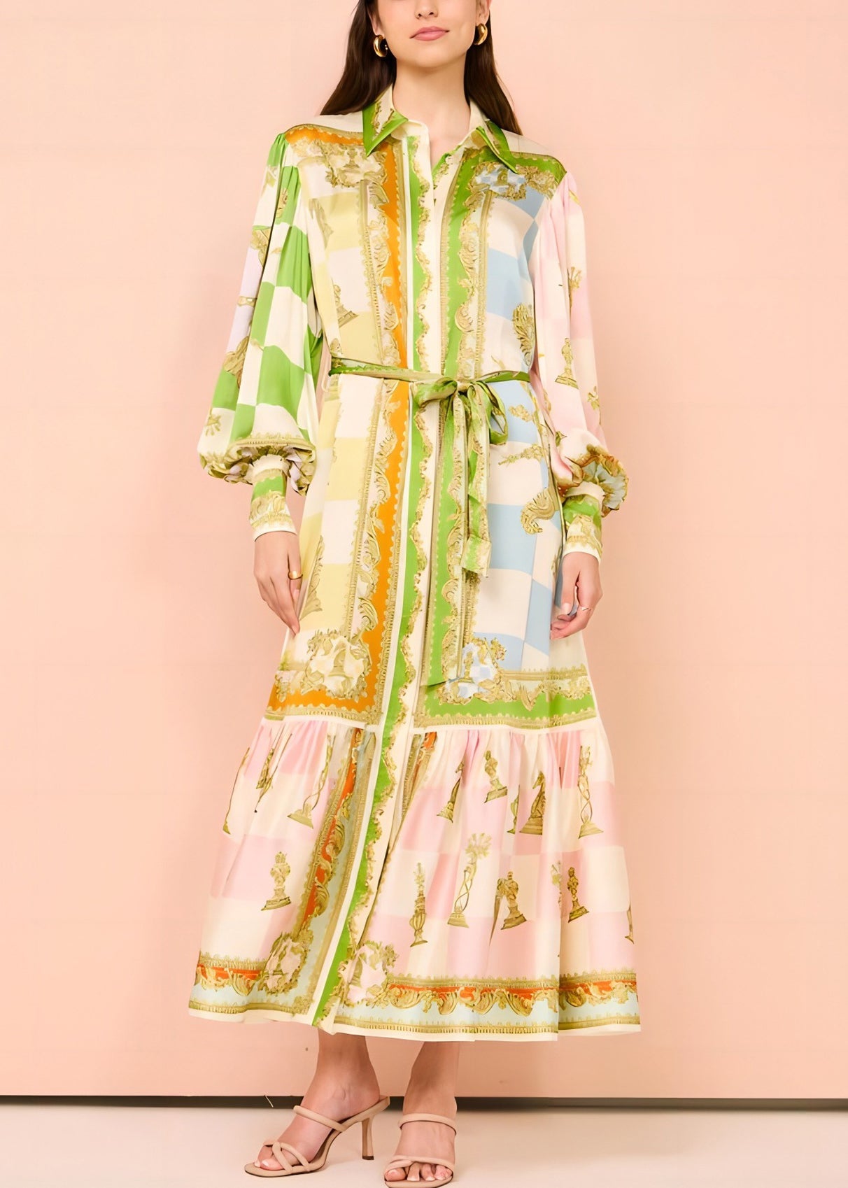 DIY Green Peter Pan Collar Button Tie Waist Maxi Dress Lantern Sleeve