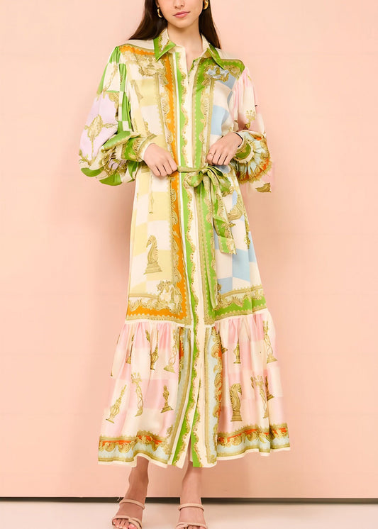 DIY Green Peter Pan Collar Button Tie Waist Maxi Dress Lantern Sleeve