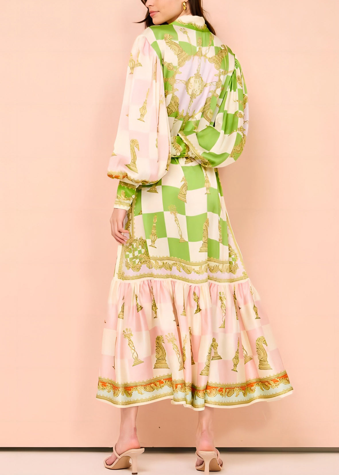 DIY Green Peter Pan Collar Button Tie Waist Maxi Dress Lantern Sleeve