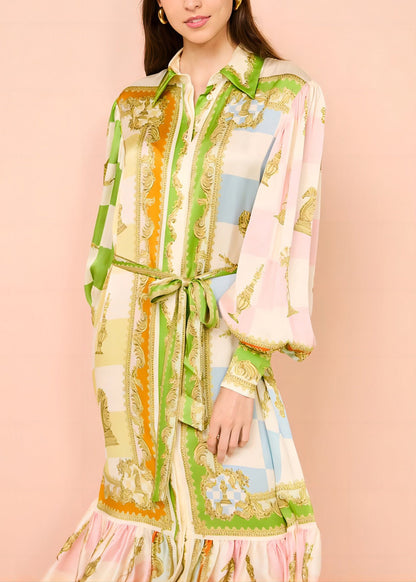 DIY Green Peter Pan Collar Button Tie Waist Maxi Dress Lantern Sleeve