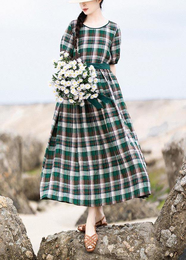 DIY Green Plaid Cinched Pockets Robe Summer Linen Dress - SooLinen
