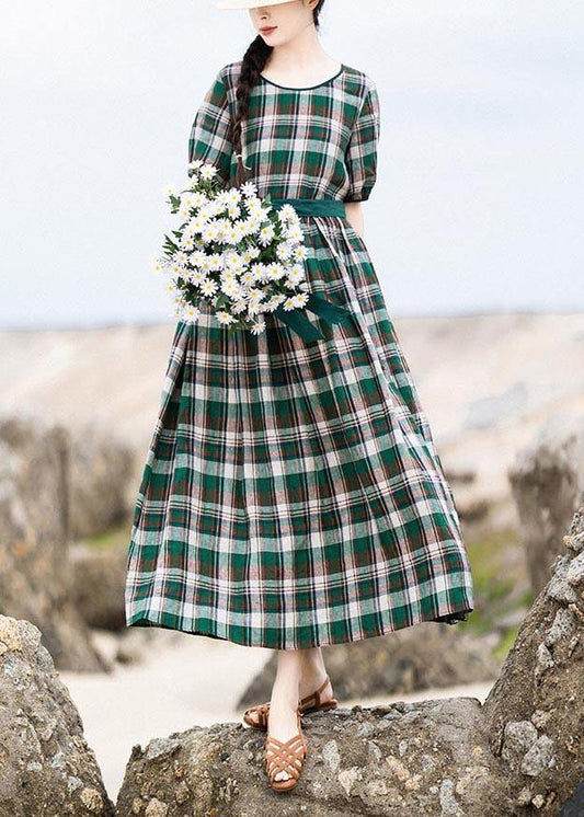 DIY Green Plaid Cinched Pockets Robe Summer Linen Dress - SooLinen