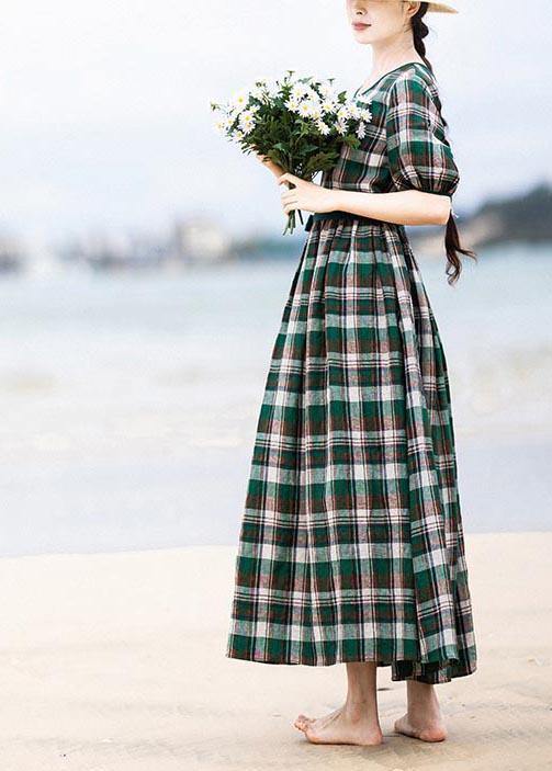 DIY Green Plaid Cinched Pockets Robe Summer Linen Dress - SooLinen